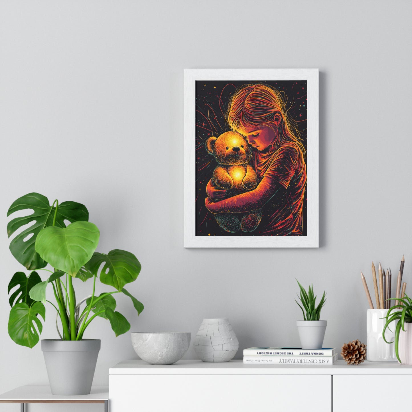 Cozy Glow - Child with Teddy Bear Art